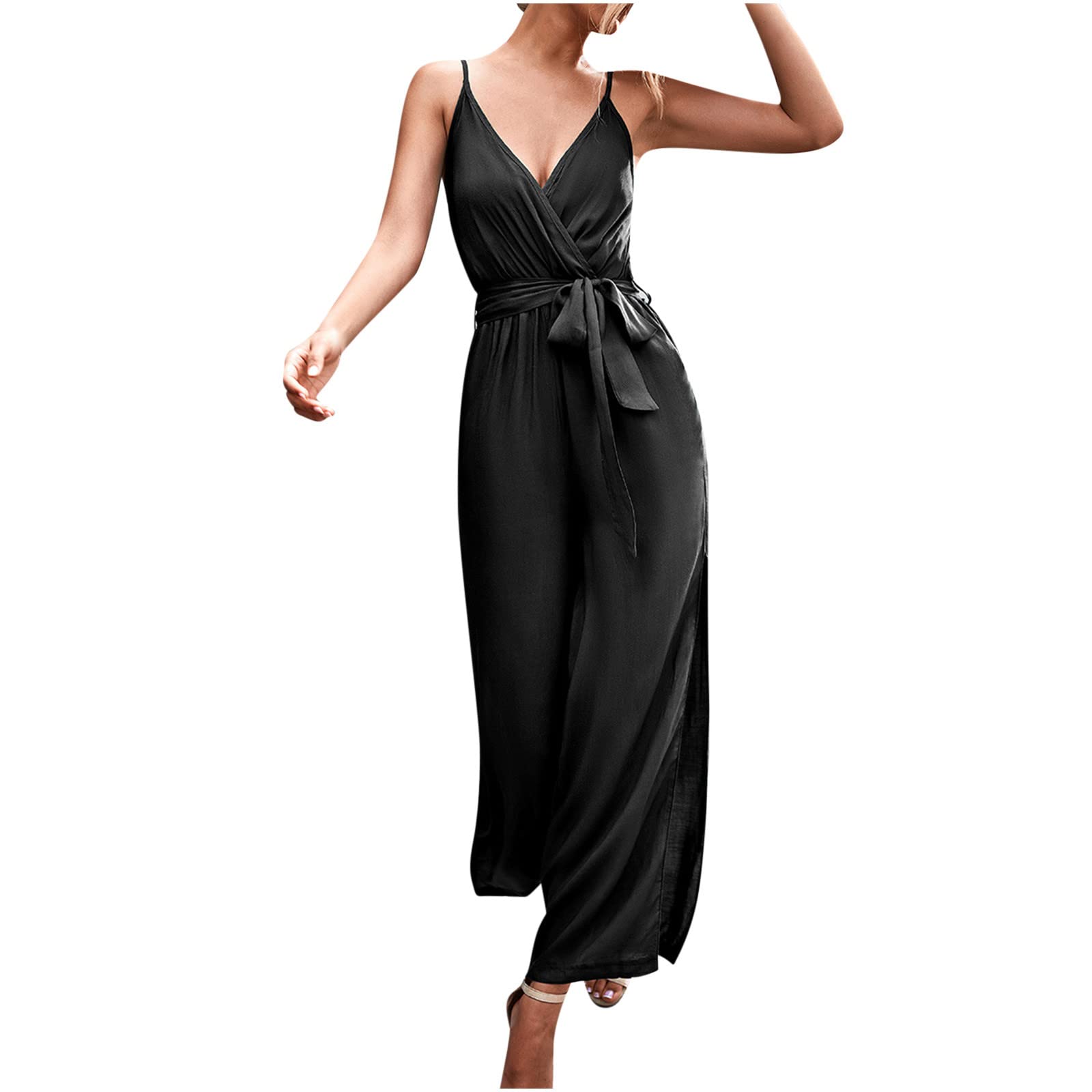 Posijego Women's V-Neck Overalls - Sleeveless Casual Jumpsuit with Slit & Adjustable Straps | Trendy One-Piece Romper for 2022 | Perfect for Summer Outings, Beach Trips & Casual Wear