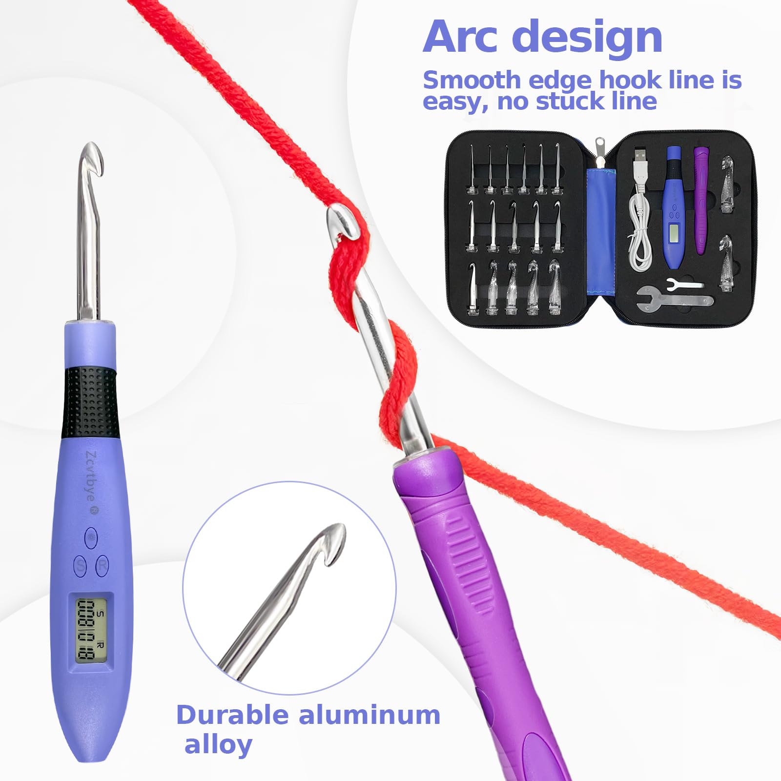 Zcvtbye 18-Piece Light Up Crochet Hooks Set with Stitch & Row Counter - Ergonomic Lighted Crochet Needles Kit with Storage Case (Purple) - Perfect for Night Crocheting, Knitting Projects & Beginners