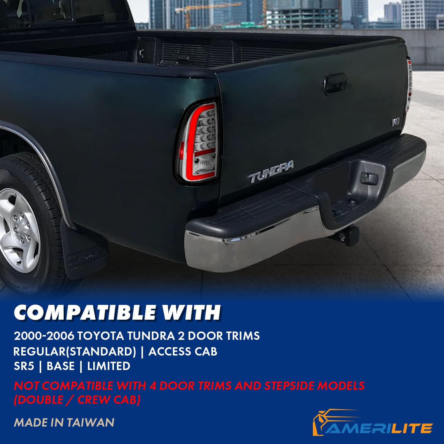 AmeriLite LED Brake Tail Lights for 2000-2006 Toyota Tundra Standard Access Cab | C-Type Chrome Replacement Lights Pair (Driver & Passenger Side) | Enhanced Visibility & Style for Night Driving & Custom Truck Upgrades