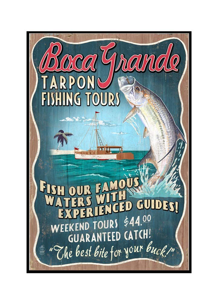 Vintage Boca Grande Florida Tarpon Fishing Tours Sign - 16x24 Stretched Canvas Wall Art in Wooden Frame - Perfect for Beach House, Fishing Lodge & Coastal Decor