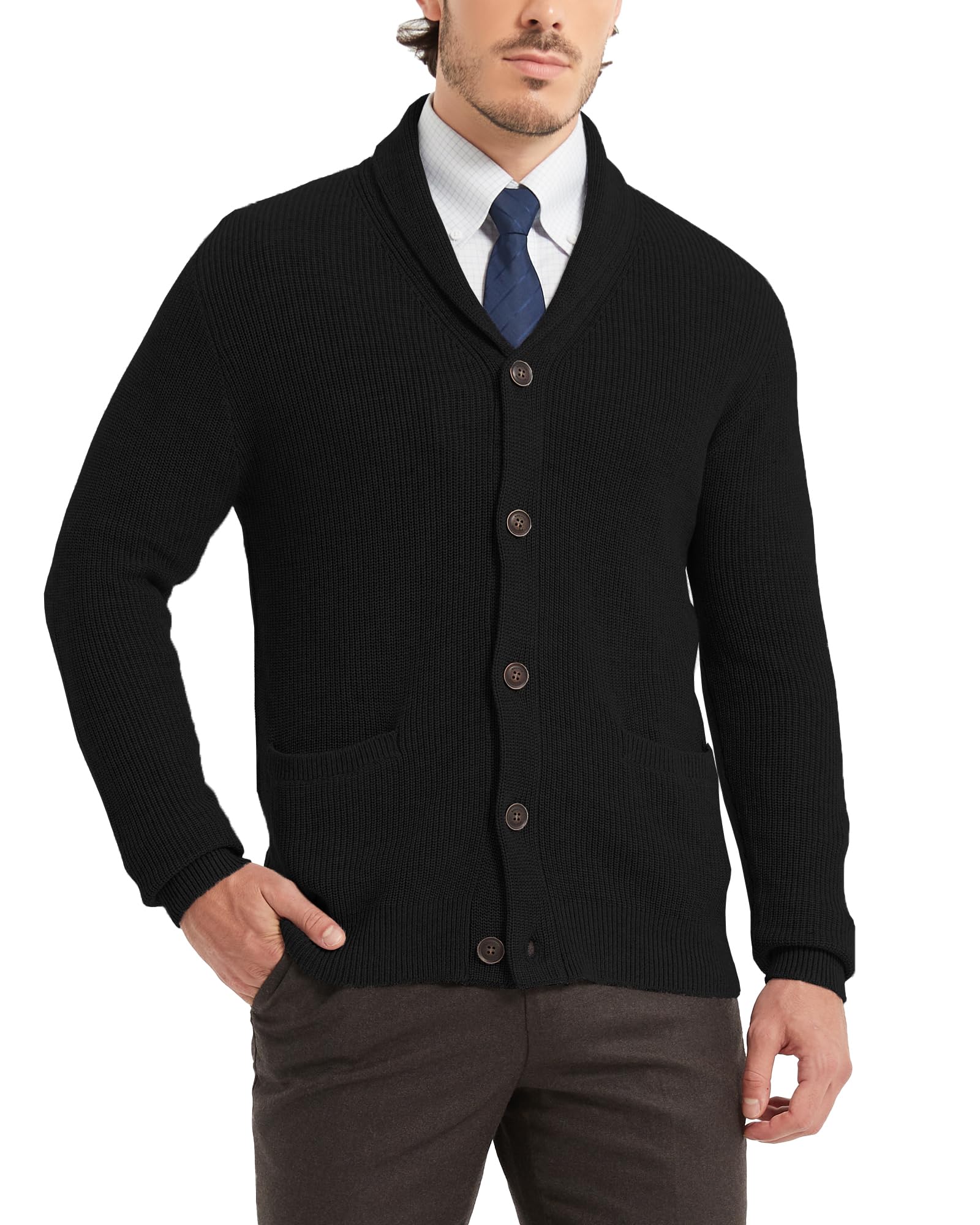 Kallspin Men's Wool Blend Shawl Collar Cardigan Sweater - Button Down Knitwear with Pockets | Cozy Winter Wear for Office & Casual Outings