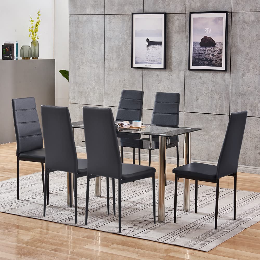 4HOMART Yvonne&F.L.A.M. Modern 7-Piece 2-Tier Glass Top Dining Table Set with 6 Faux Leather Chairs - Compact Kitchen Table for Small Spaces, Apartments & Cozy Family Gatherings
