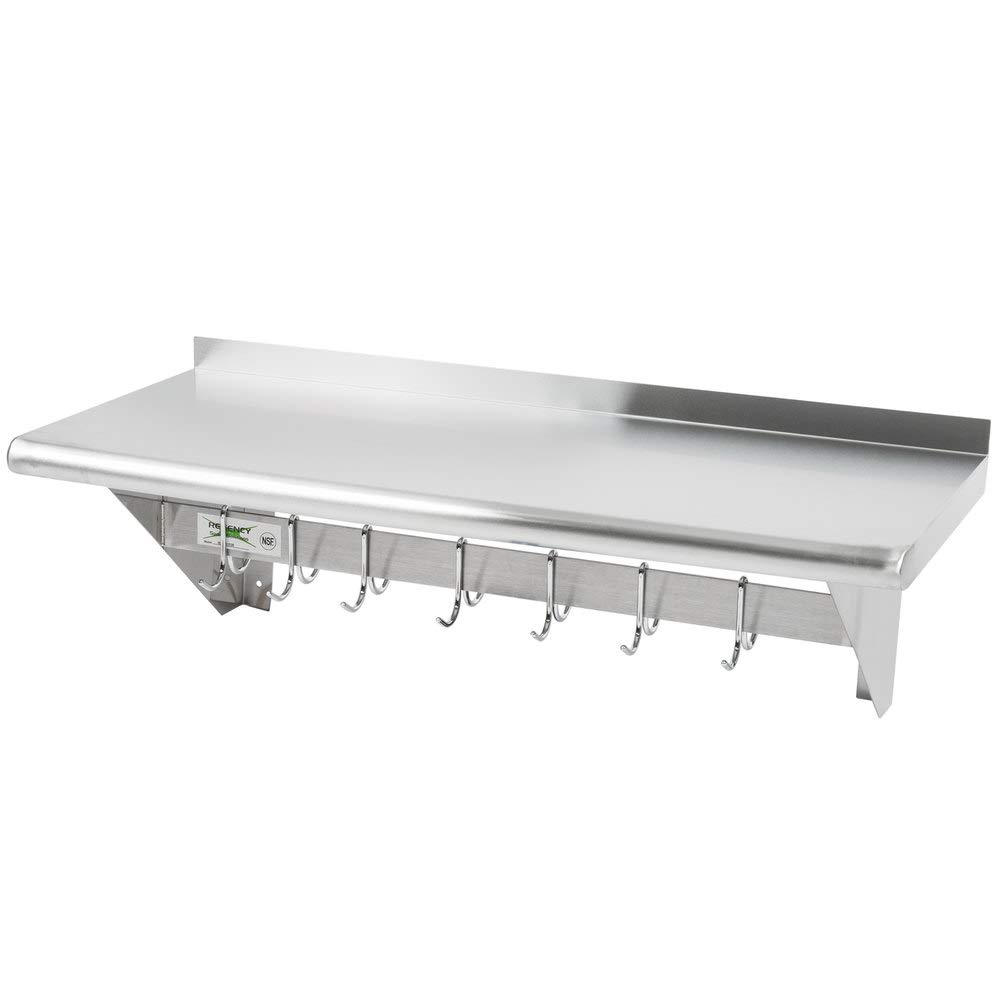 NSF Approved Stainless Steel Wall Mounted Pot Rack with Shelf & 18 Galvanized Hooks (15