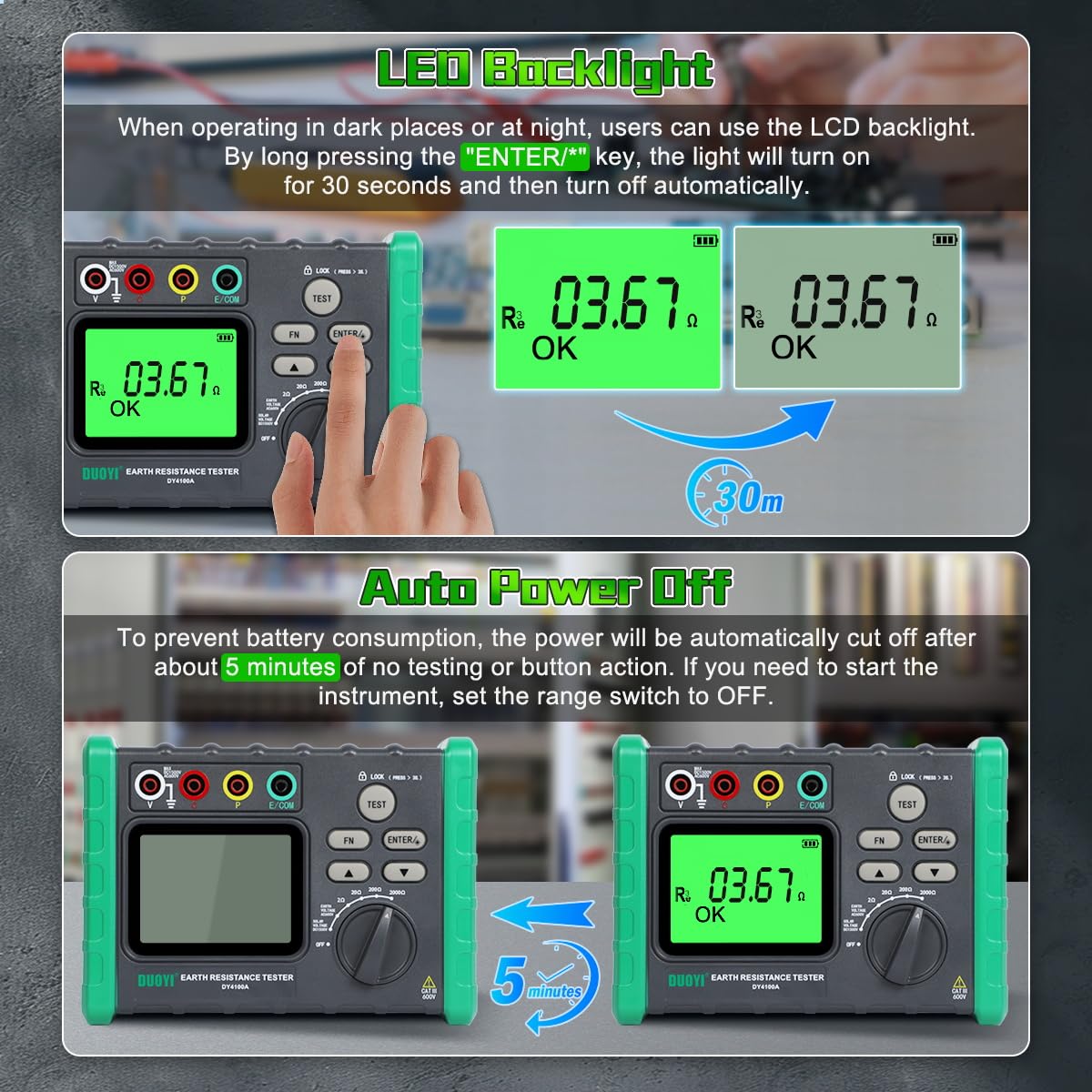 Upgraded Digital Earth Ground Resistance Tester 0.03-2000Ω with LCD Display | 600V AC Voltage & Auto Measurement | Includes Tool Bag & Batteries | Perfect for Electricians, Engineers & DIY Home Electrical Projects