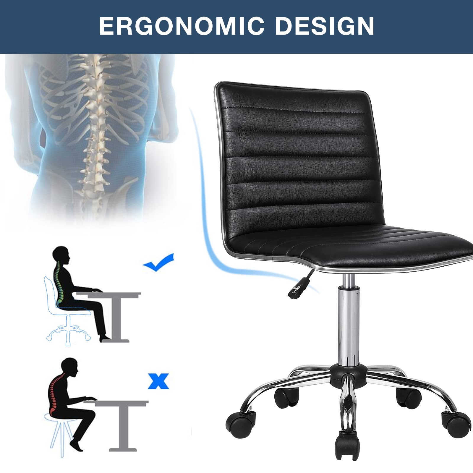 BOSSIN Adjustable Home Office Chair - Mid Back Armless Swivel Task Chair with Ribbed Design, Compact Vanity Chair for Small Spaces, Living Room, Makeup, Studying - Perfect for Home Office, Dorm Room & Beauty Station (Black)