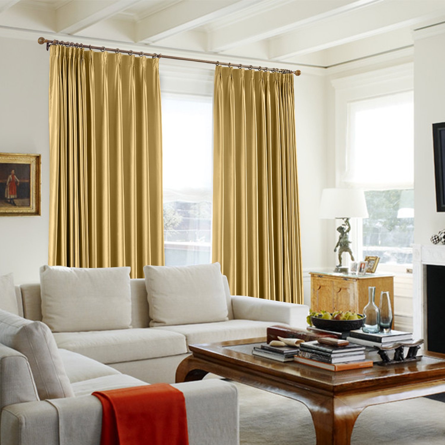 TWOPAGES Solid Soft Light Reducing Pinch Pleat Curtains - Faux Silk Drapes for Living Room Windows, Gold Luxury Window Treatment (1 Panel, 72x84 Inches) - Perfect for Home Decor, Bedroom & Office