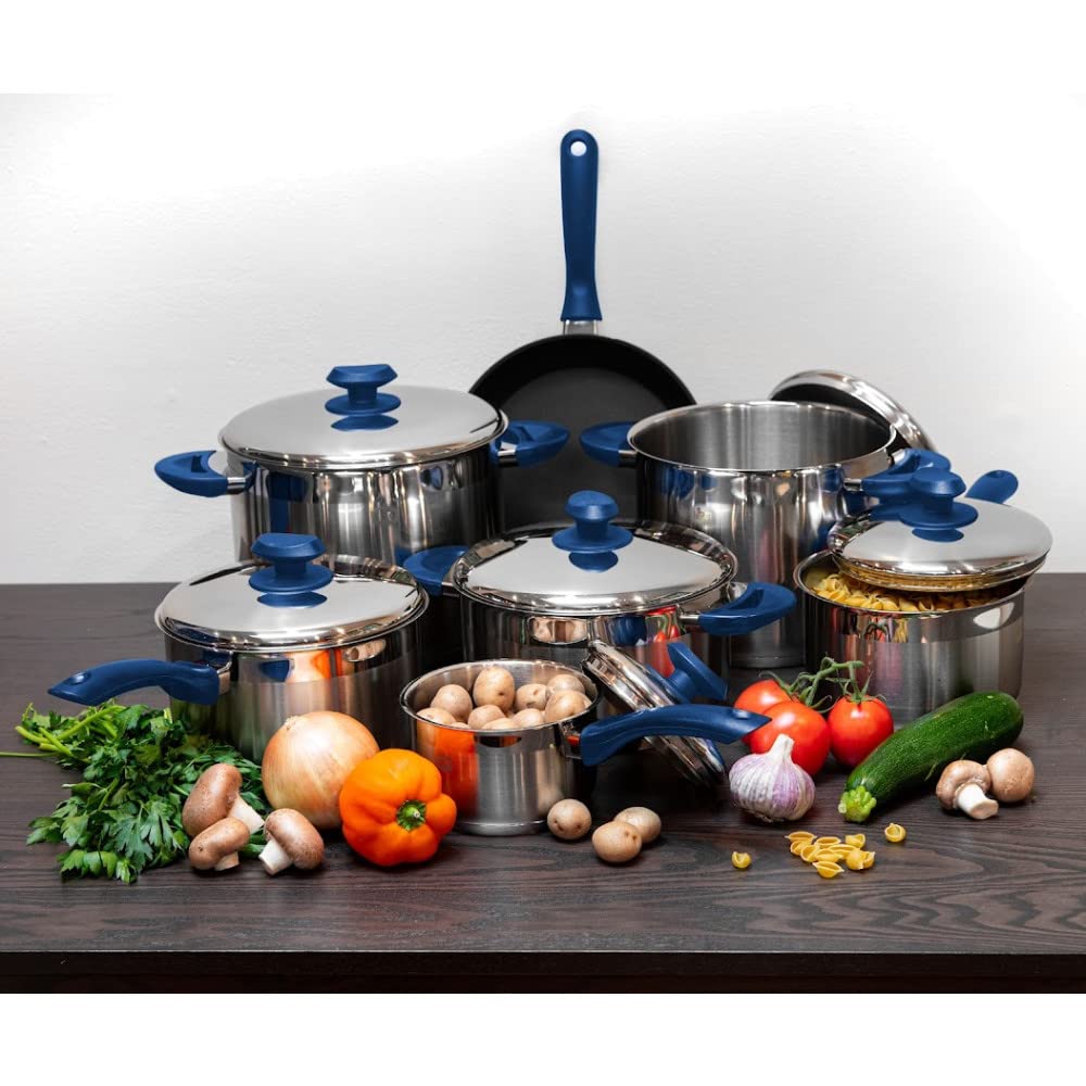 YBM Home 5 Quart Commercial Grade 18/10 Stainless Steel Stockpot with Lid - Induction Compatible Cookware with Encapsulated Aluminum Core - Blue - Perfect for Soups, Stews, Pasta & Large Batch Cooking