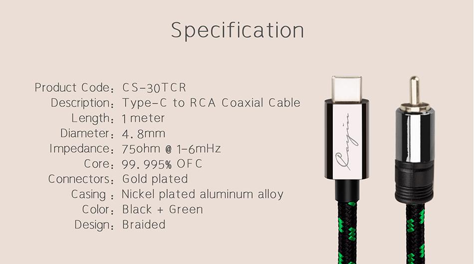 High-Quality Cayin CS 30TCR USB Type C to RCA Coaxial Audio Cable - Perfect for DAC, Hi-Fi Systems & Home Theater Setups