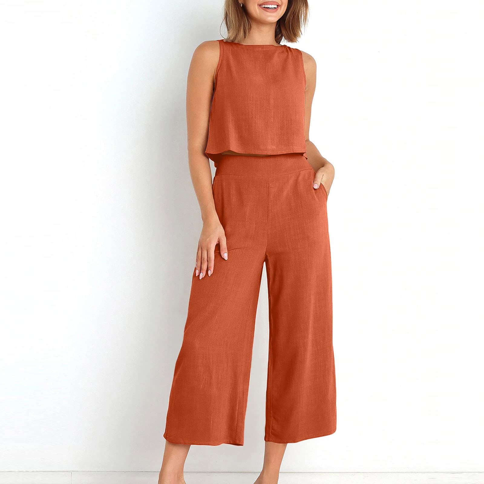 Women's 2-Piece Cotton Linen Lounge Set - Oversized Wide Leg Pants & Top Comfy Travel Outfit | Casual Summer Pajama Set for Home, Beach & Vacation Wear