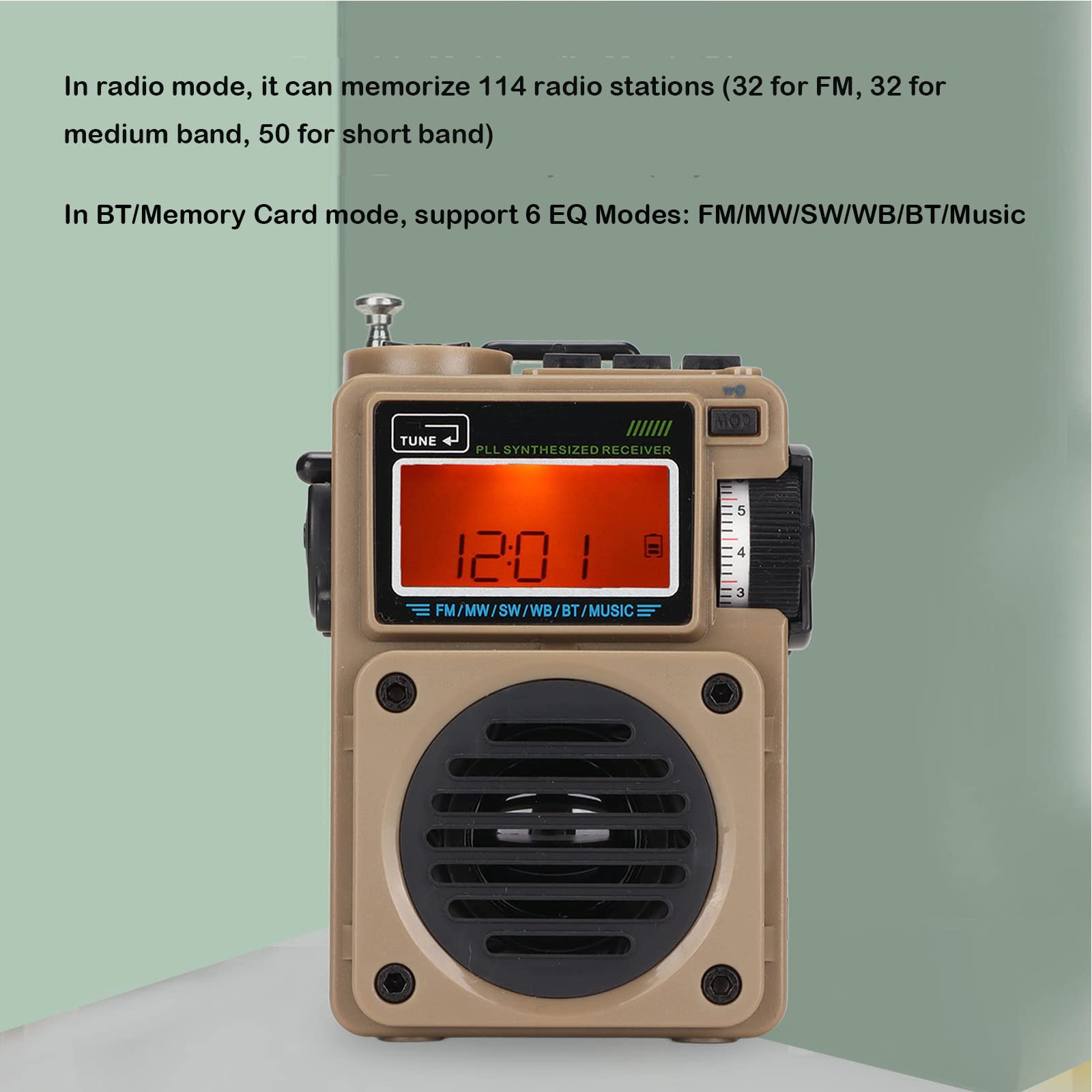 ASHATA Portable Digital Radio with Bluetooth - FM/AM/SW/WB Receiver, LCD Display, Alarm Clock, Speaker, 6 EQ Modes - Perfect for Home, Office, Travel & Emergency Use (Khaki)