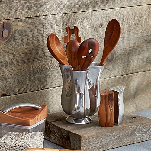 Nambé Tulip Tool Jug with 5-Piece Kitchen Utensil Set | Premium Countertop Utensil Holder with Wooden Spoons & Tools | Durable Nambe Alloy & Acacia Wood Construction | Perfect for Cooking, Baking & Kitchen Organization