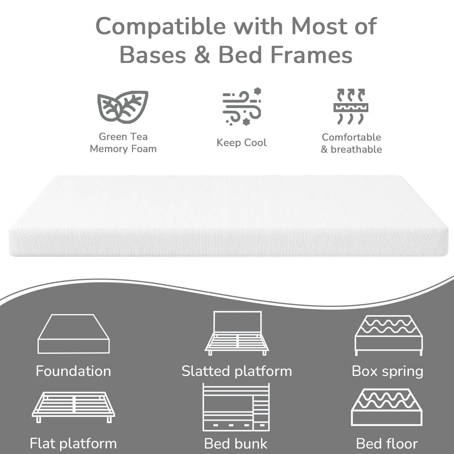 PayLessHere 5 Inch Twin Green Tea Memory Foam Mattress with Cooling Gel - Medium Firm, Fiberglass Free, CertiPUR-US Certified Bed-in-a-Box for Pressure Relief - Perfect for Guest Rooms, Dorms & Small Spaces (White)