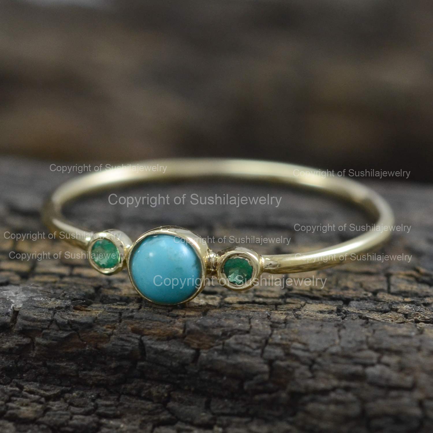 14K Solid Yellow Gold Sleeping Beauty Turquoise & Emerald Wedding Band Ring - Handmade Minimalist Jewelry for Women - Perfect for Anniversaries, Engagements & Special Occasions