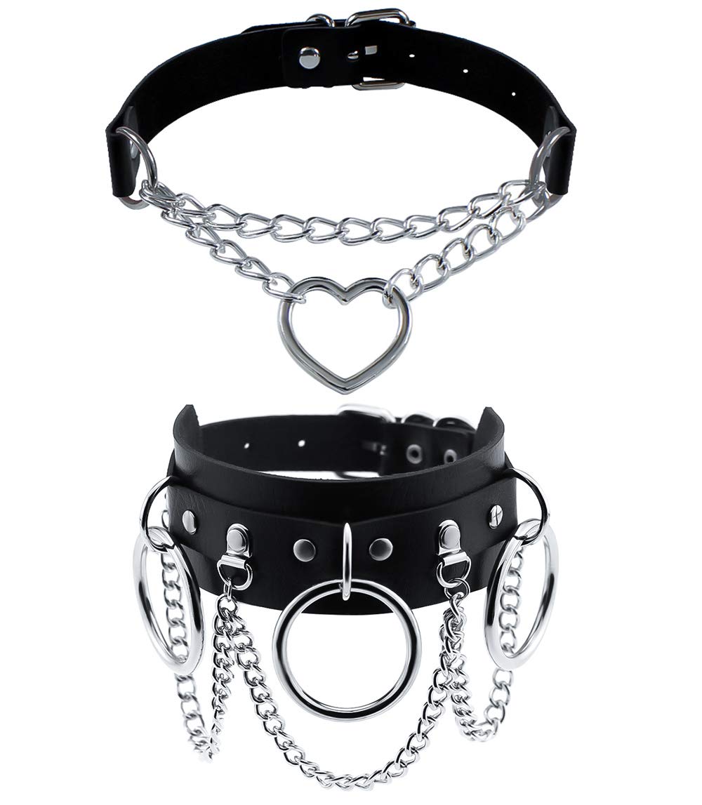 MJartoria Gothic Jewelry - Punk Rock Adjustable Black PU Leather Choker Necklace Set for Women - 2PCS Heart Collar Necklaces for Goth, Emo, Halloween Costume & Alternative Fashion