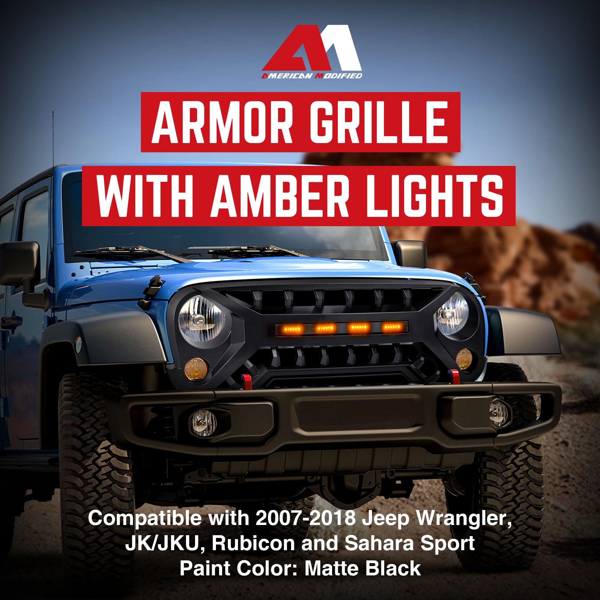 07-08 Jeep Wrangler JK Black AMERICAN MODIFIED Armor Grille with Amber Lights - Heavy Duty Off-Road Protection for Adventure & Trail Riding