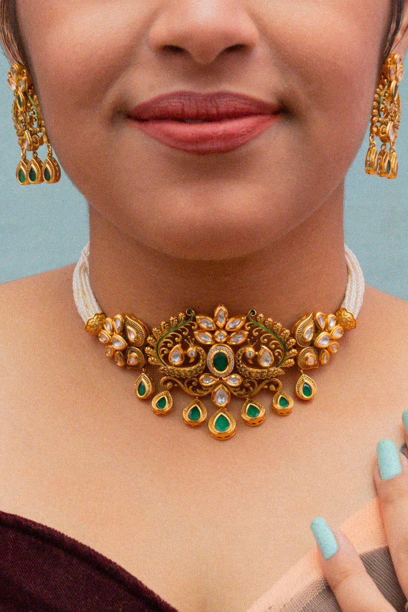 Luxury Gold Plated Royal Kundan Choker Necklace Set with Matching Earrings - Perfect for Weddings, Parties & Special Occasions