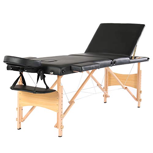Professional Portable Massage Table - Adjustable Height Folding Beauty Spa Bed for Massage Therapy, 3-Fold Salon Bed with Beech Wood Legs (Black) - Perfect for Home, Salon, and Mobile Massage Services