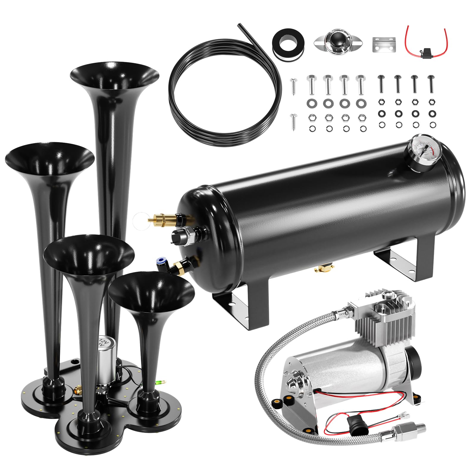 150DB Ultra Loud Train Air Horn Kit for Trucks - 4 Horns, 12V 150 PSI Air Compressor with Built-in 90-120 PSI Pressure Switch & Temperature Controller - 1.59 Gallon Black Tank - Perfect for Emergency Vehicles, Off-Roading & Marine Use