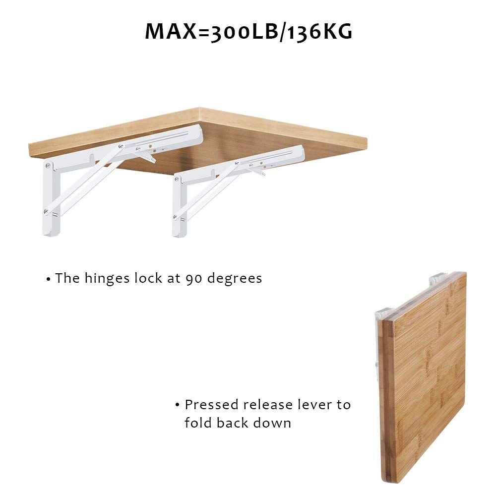 Heavy Duty Folding Shelf Brackets 2 Pack - 300lb Max Load for Wall Mounted Tables & Benches - Space Saving (10
