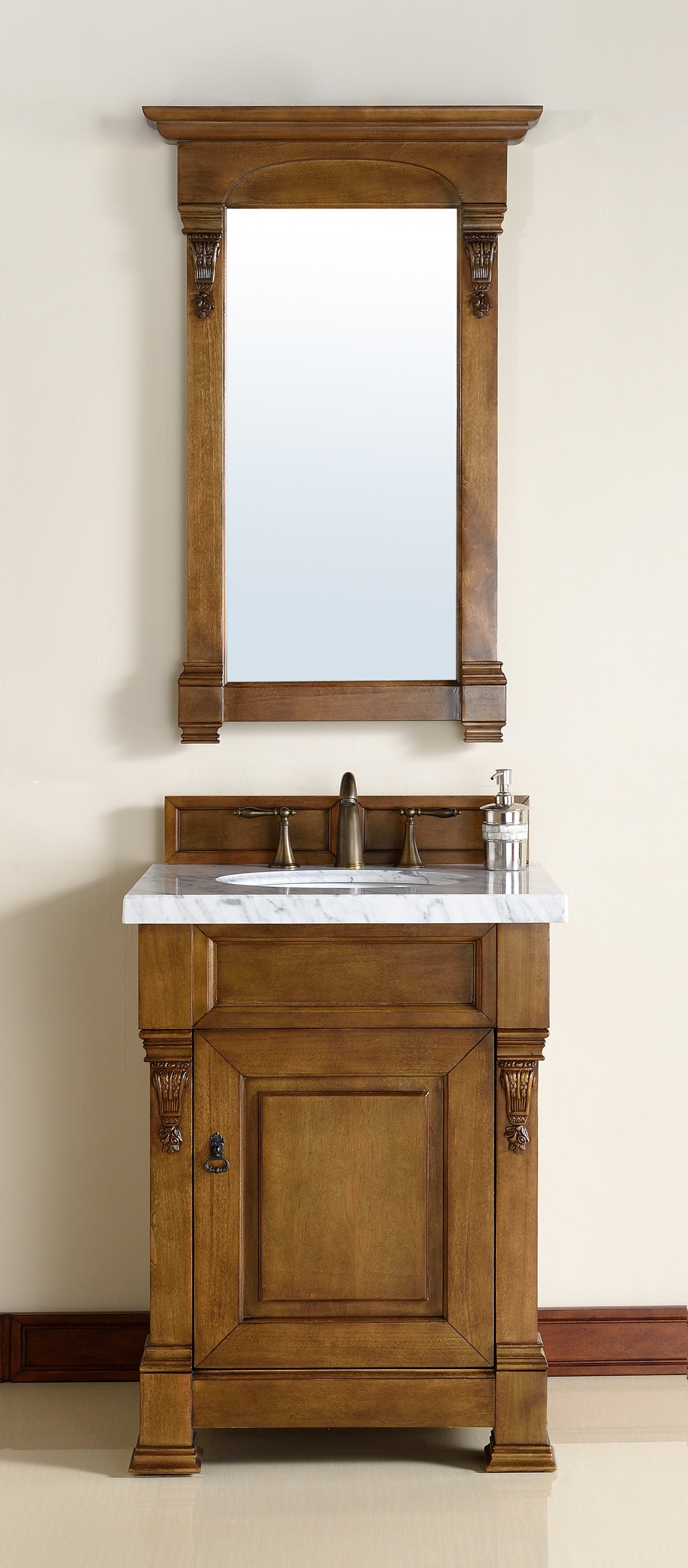 Brookfield 26 Inch Single Bathroom Vanity with Country Oak Finish & 3CM Carrara Marble Top – Perfect for Modern Farmhouse or Rustic Bathroom Decor