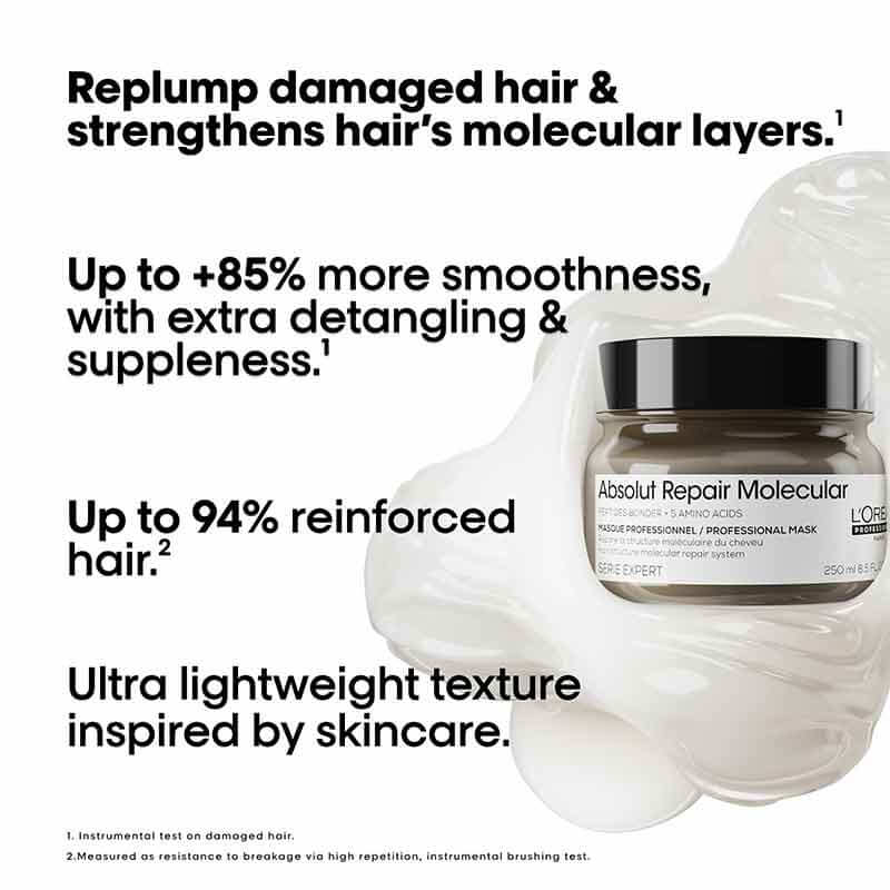 L'Oréal Professionnel Absolut Repair Molecular Rinse Off Hair Mask - Deep Conditioning Treatment for Damaged Hair - Salon Quality Hair Care at Home - Perfect for Dry, Brittle & Color-Treated Hair