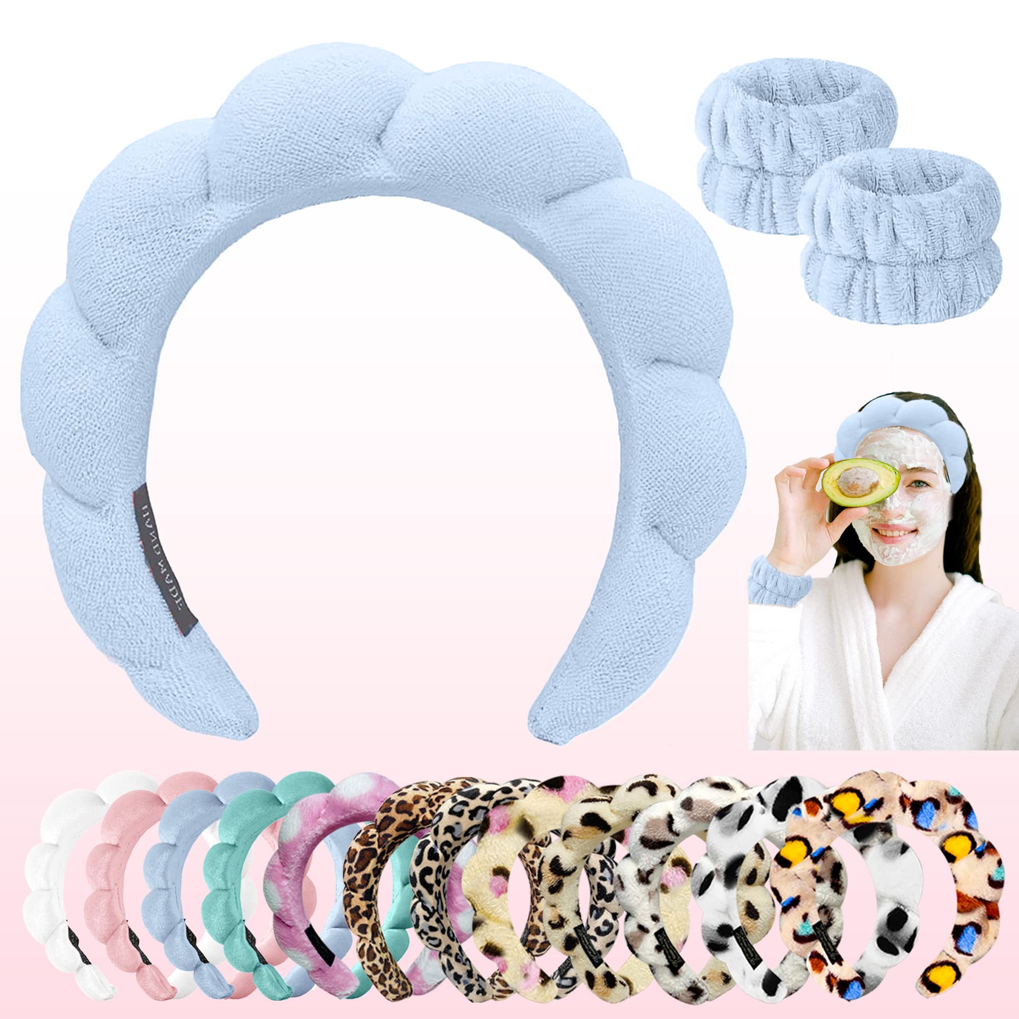 Nisstiiv Mimi and Co Spa Headband for Women - Soft Terry Cloth Hair Band for Face Washing, Skincare & Makeup - Includes 2 Matching Wristbands (Blue) - Perfect for Spa Days, Beauty Routines & At-Home Relaxation