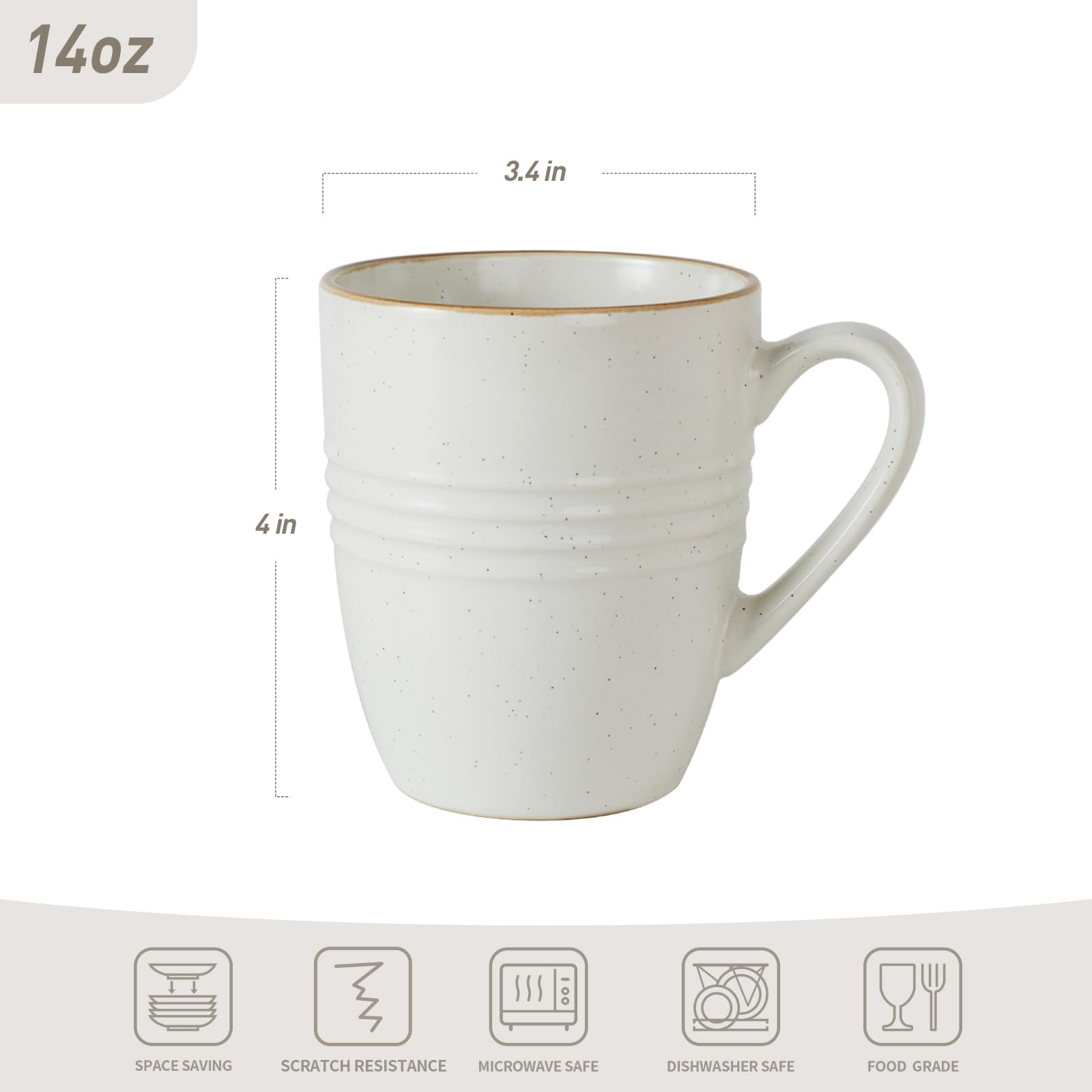 Famiware Jupiter Coffee Mugs Set of 4 - 14oz Ceramic Mugs, Microwave & Dishwasher Safe - White Coffee Cups with Handle for Coffee, Tea, Cocoa, Milk - Perfect for Home, Office, Restaurant & Gifts