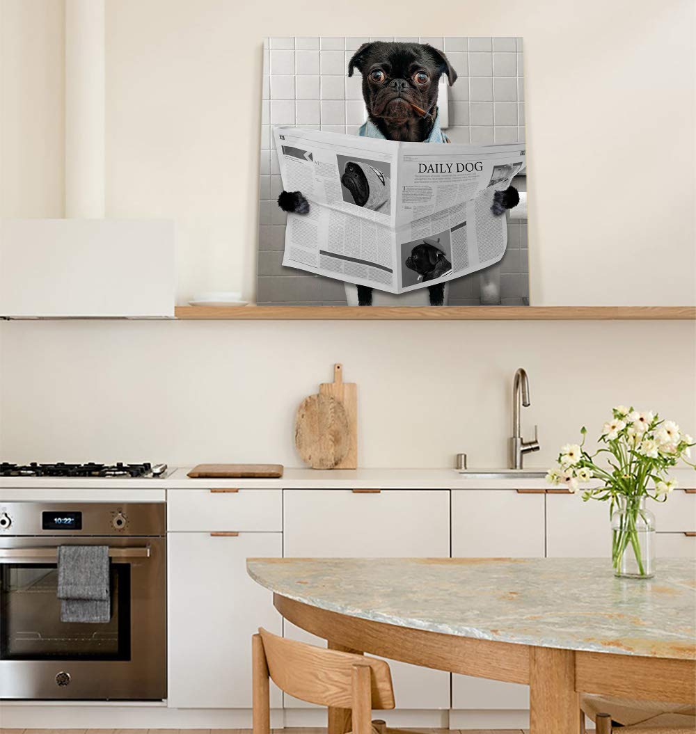 Funny Pug Reading Newspaper Toilet Canvas Wall Art - 28x28 Inch Framed Bathroom Decor, Ready to Hang for Kitchen & Bedroom - Perfect for Home, Office & Gag Gift