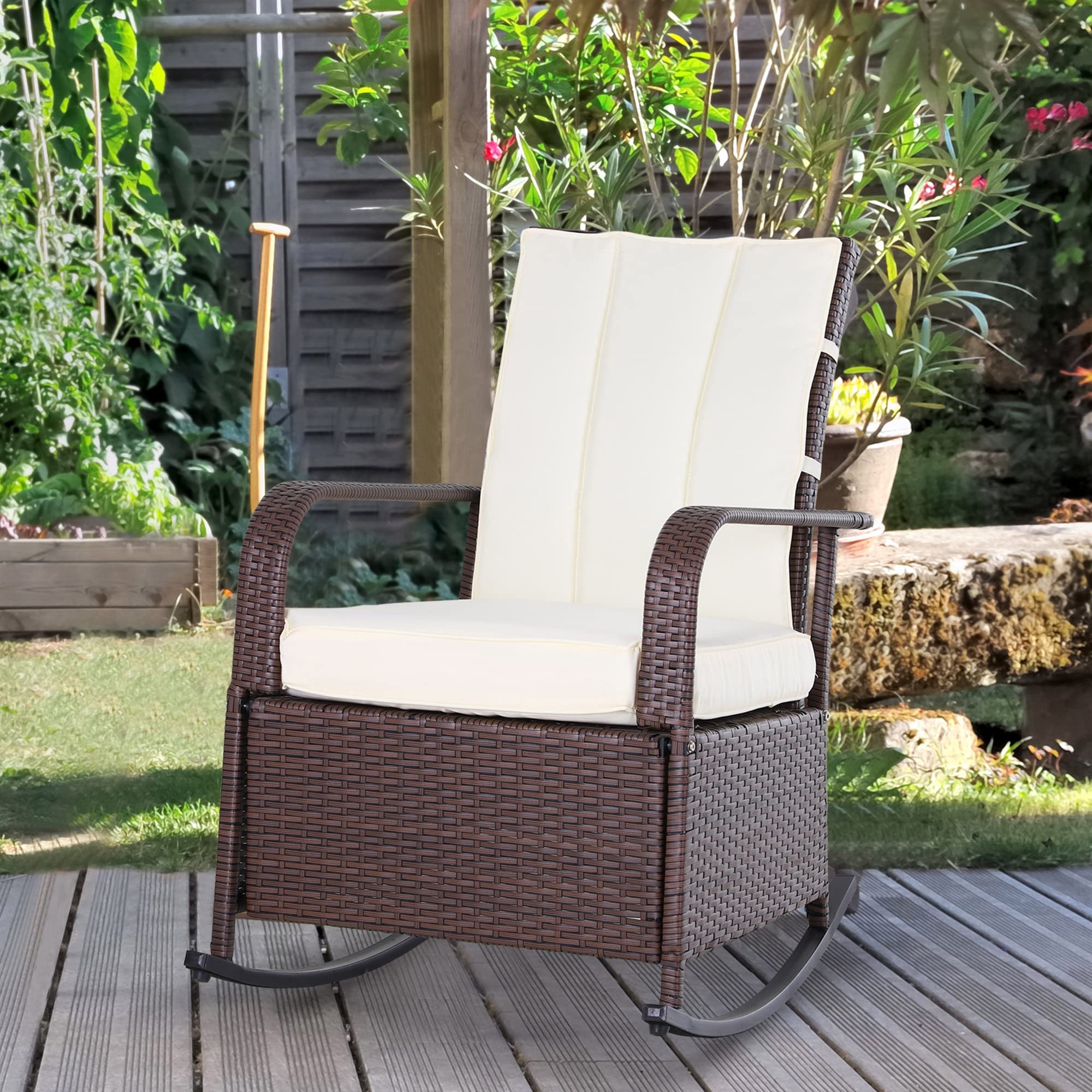 Outsunny PE Rattan Outdoor Rocking Chair with Adjustable Backrest & Footrest - Patio Lounge Chair with Cushions for Garden, Backyard, Porch - Perfect for Relaxing, Sunbathing & Outdoor Entertaining (Beige)