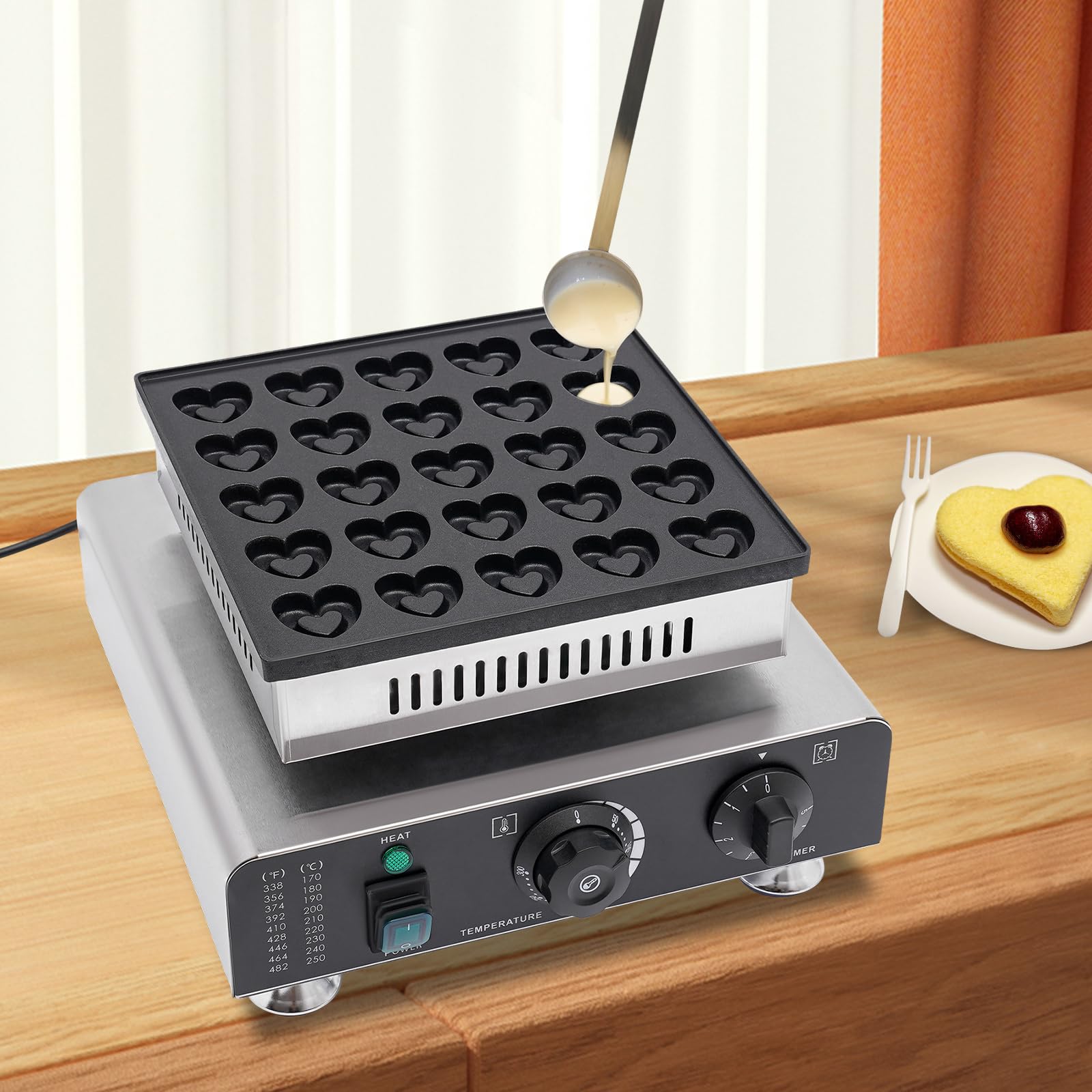 Commercial Mini Pancake Maker - 25pcs Heart-Shaped Pancake Machine with Non-Stick Surface, Adjustable Timer (0-5min) & Temperature Control (122-572°F) - Perfect for Home Bakeries, Cafés, Breakfast Buffets & Kids' Snack Time