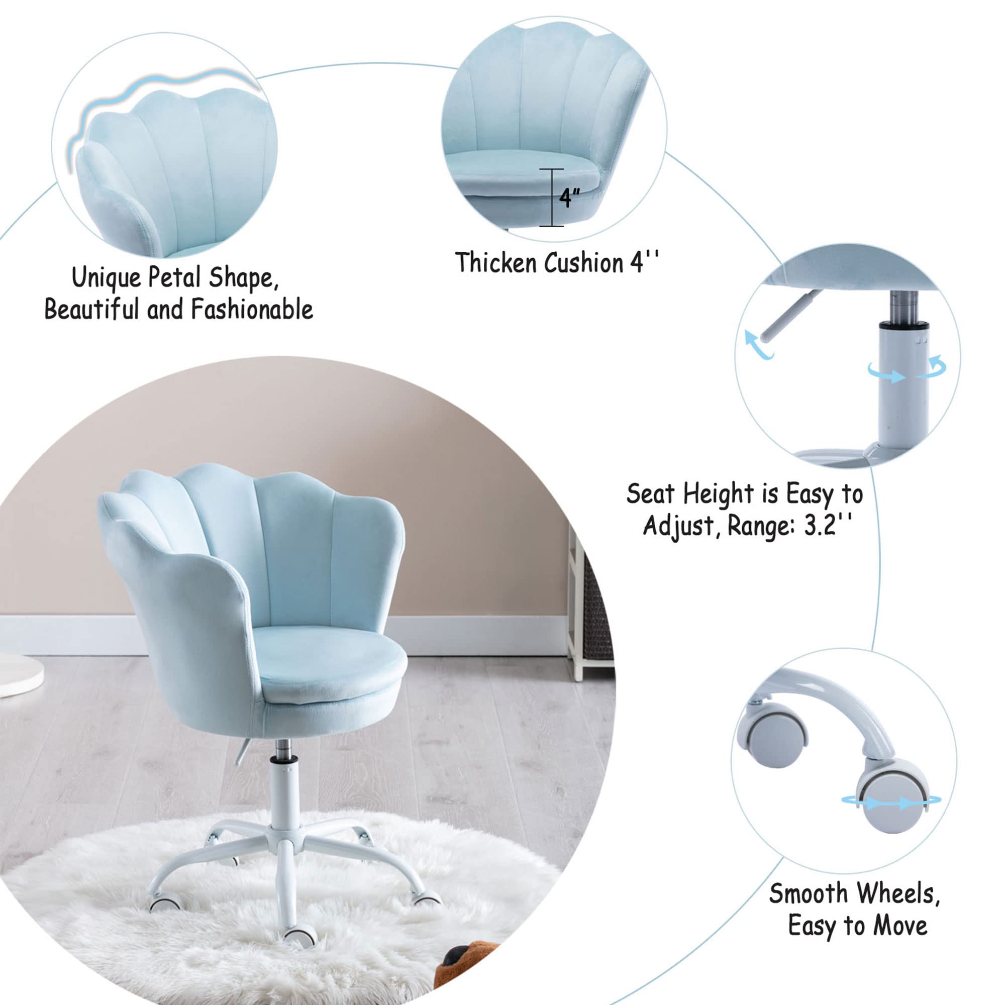 Velvet Kids Desk Chair - Adjustable Swivel Rolling Computer Chair for Girls, Modern Upholstered Armchair with Ergonomic Support for Bedroom, Study Room & Home Office (Blue) - Perfect for Homework, Gaming & Reading
