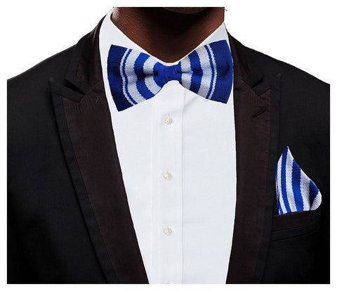 Handwoven Blue and White Kente Bow Tie with Pocket Square Set - Premium African Print Accessories for Weddings, Parties & Formal Events
