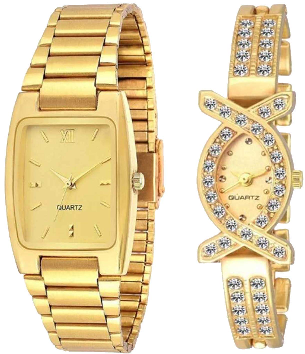 Premium Analog Watches for Men & Women - Gold Dial with Gold-Tone Stainless Steel Strap (2-Pack) | Elegant Dress Watches for Business, Party & Everyday Wear