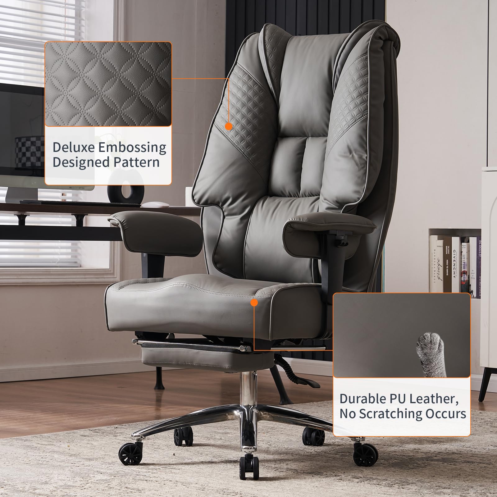 Big and Tall Office Chair for Heavy People 400lbs - Wide Seat Leather Executive Chair with High Back, Footrest & Lumbar Support - Ergonomic Computer Desk Chair for Back Pain Relief - Perfect for Home Office, Gaming & Workspace (Grey)