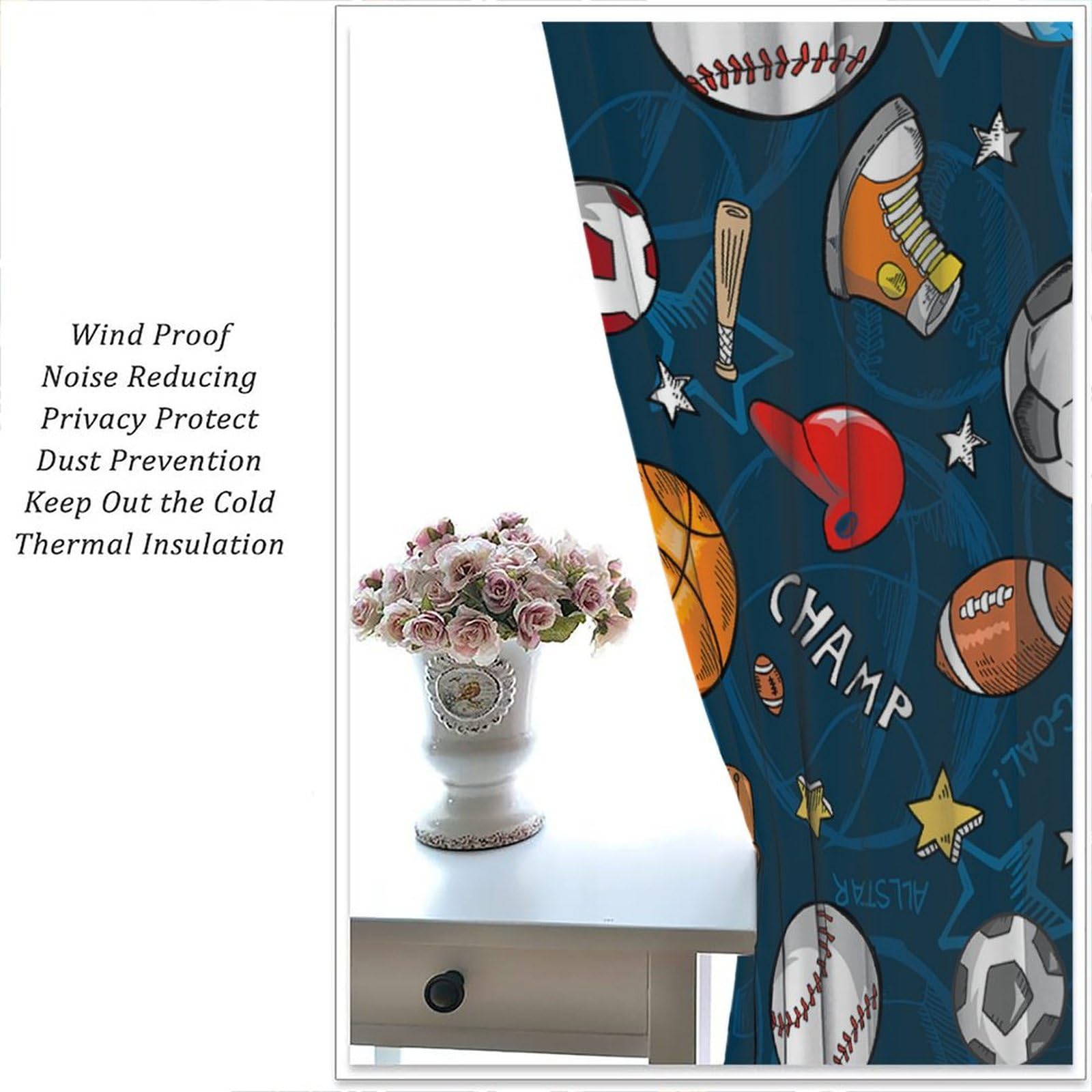 Boys Sports Curtains for Kids Bedroom - Basketball Soccer Baseball Window Treatments for Teen Girls, Living Room & Playroom (84x84 Inches) - Perfect for Sports-Themed Decor, Game Rooms & Teen Bedrooms