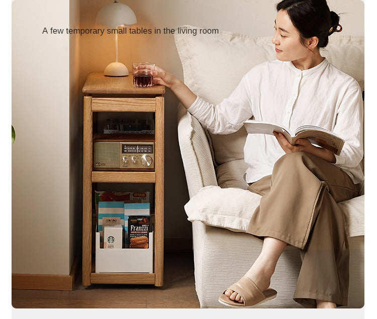 Solid Oak and Ash Wood Mobile Side Table - Portable End Table for Living Room, Bedroom, or Outdoor Use
