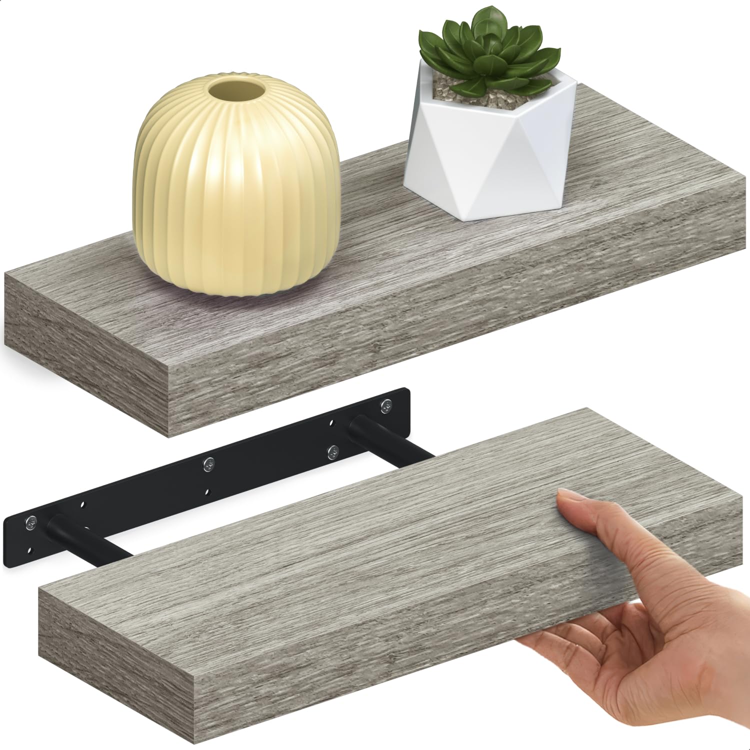 Ballucci Floating Shelves, 2-Pack 16 Inch Wood Wall Shelf Set with Invisible Brackets - Rustic Oak Finish, 6 Inch Deep - Perfect for Bathroom Storage, Living Room Decor, Bedroom Organization, Kitchen Display & Nursery Shelving