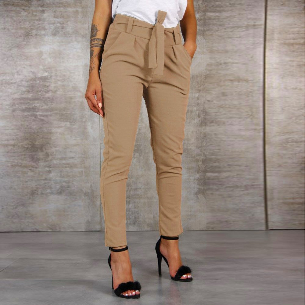 High Waist Work Pants for Women - Slim Fit Cropped Paper Bag Waist Pencil Pants with Pockets | Office, Business Casual & Everyday Wear