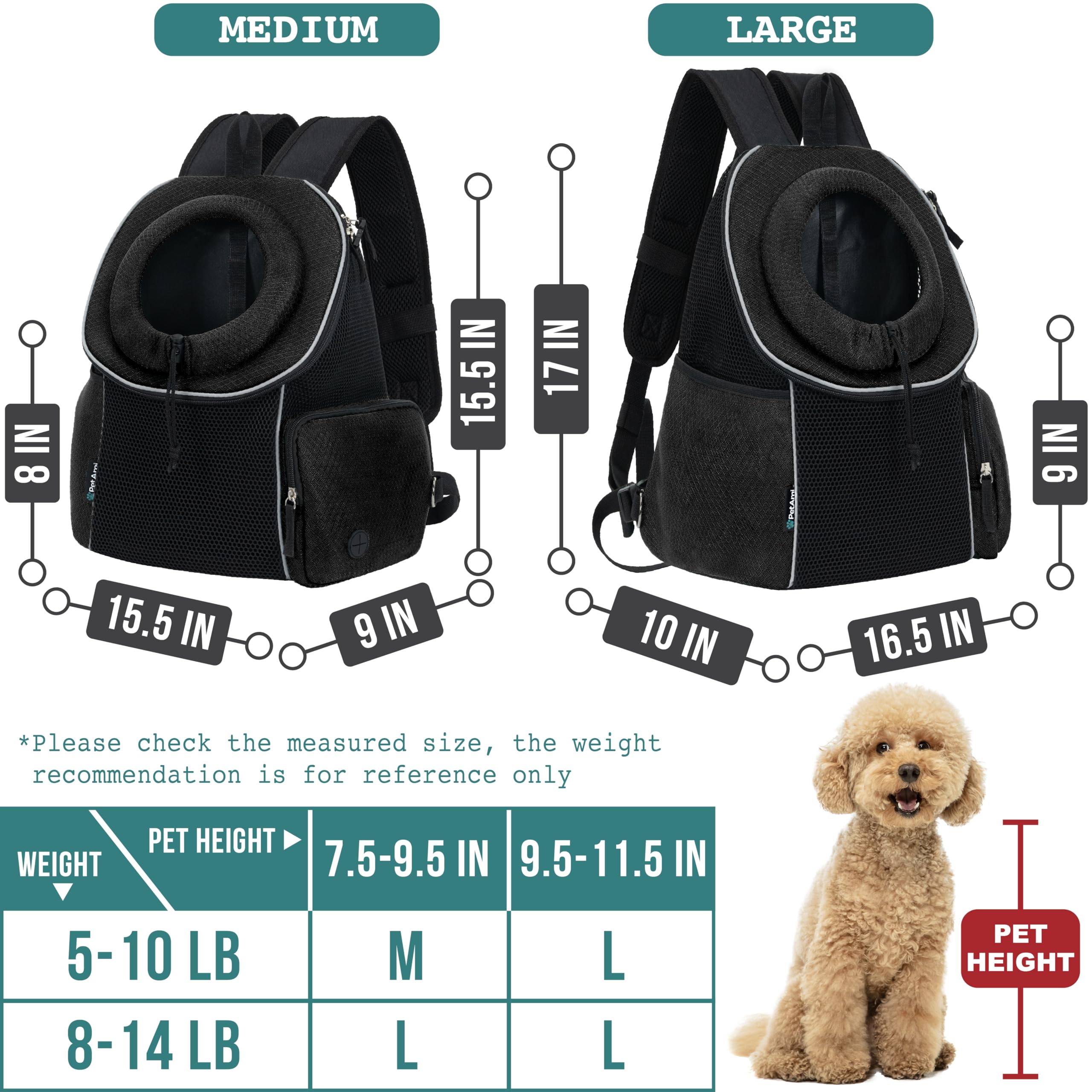 PetAmi Adjustable Dog Carrier Backpack - Ventilated Pet Chest Carrier for Small Dogs & Cats up to 14 lbs - Perfect for Hiking, Camping & Travel - Black