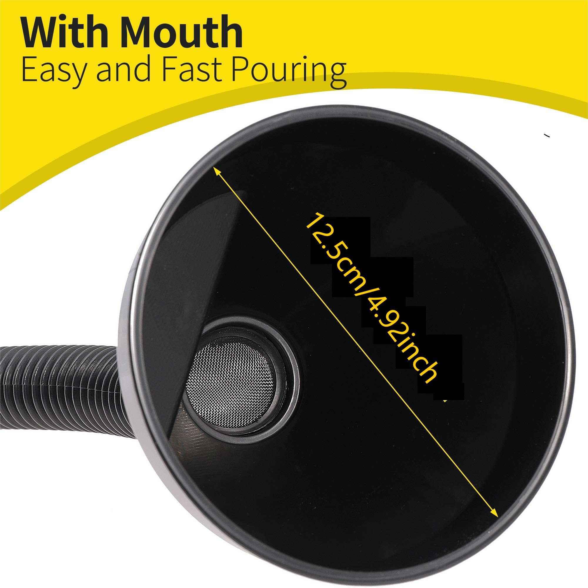 Large Plastic Automotive Funnel - Wide Mouth Oil Funnel with Flexible Extension Nozzle & Hose - Car Fuel Funnel with Handle & Mesh Screen - Perfect for Cars, Engine, RV, Water, Gas & Liquid Transmission (Black, 1-Pack)