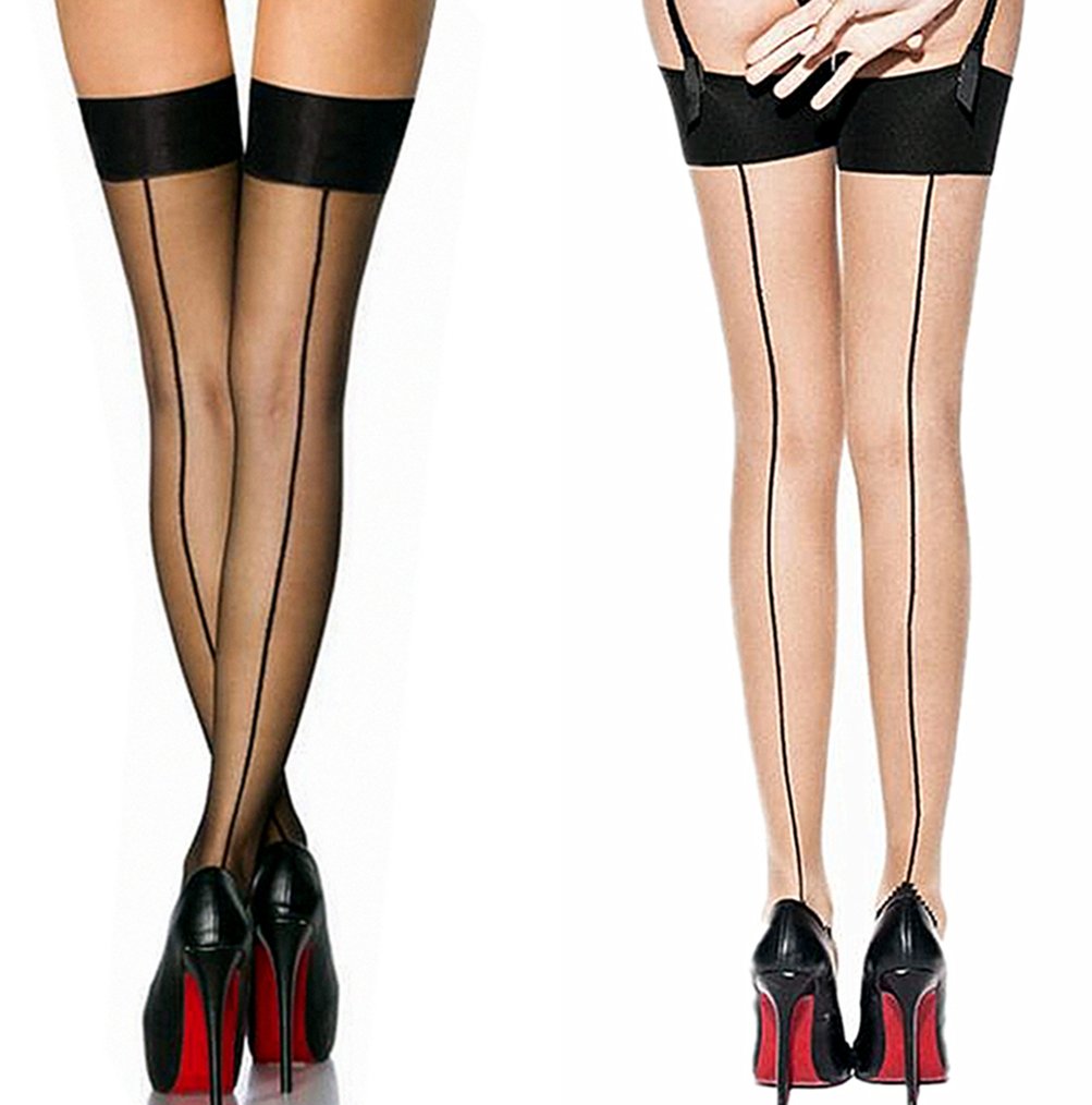 2 Pair Nylon Sexy Thigh High Stockings with Back Seam for Women - Suspender Garter Belts, Cuban Heel Tights Pantyhose - Perfect for Date Night, Cosplay & Vintage Fashion