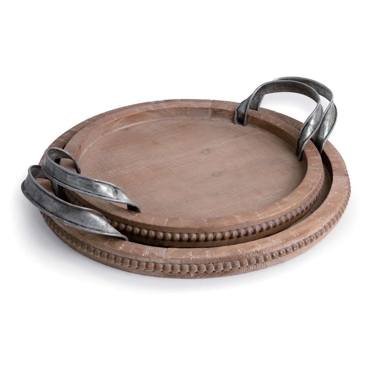 BLACK FOREST DECOR Round Wooden Serving Trays with Wrought Iron Handles - Set of 2 for Coffee Table, Breakfast in Bed, or Rustic Home Decor