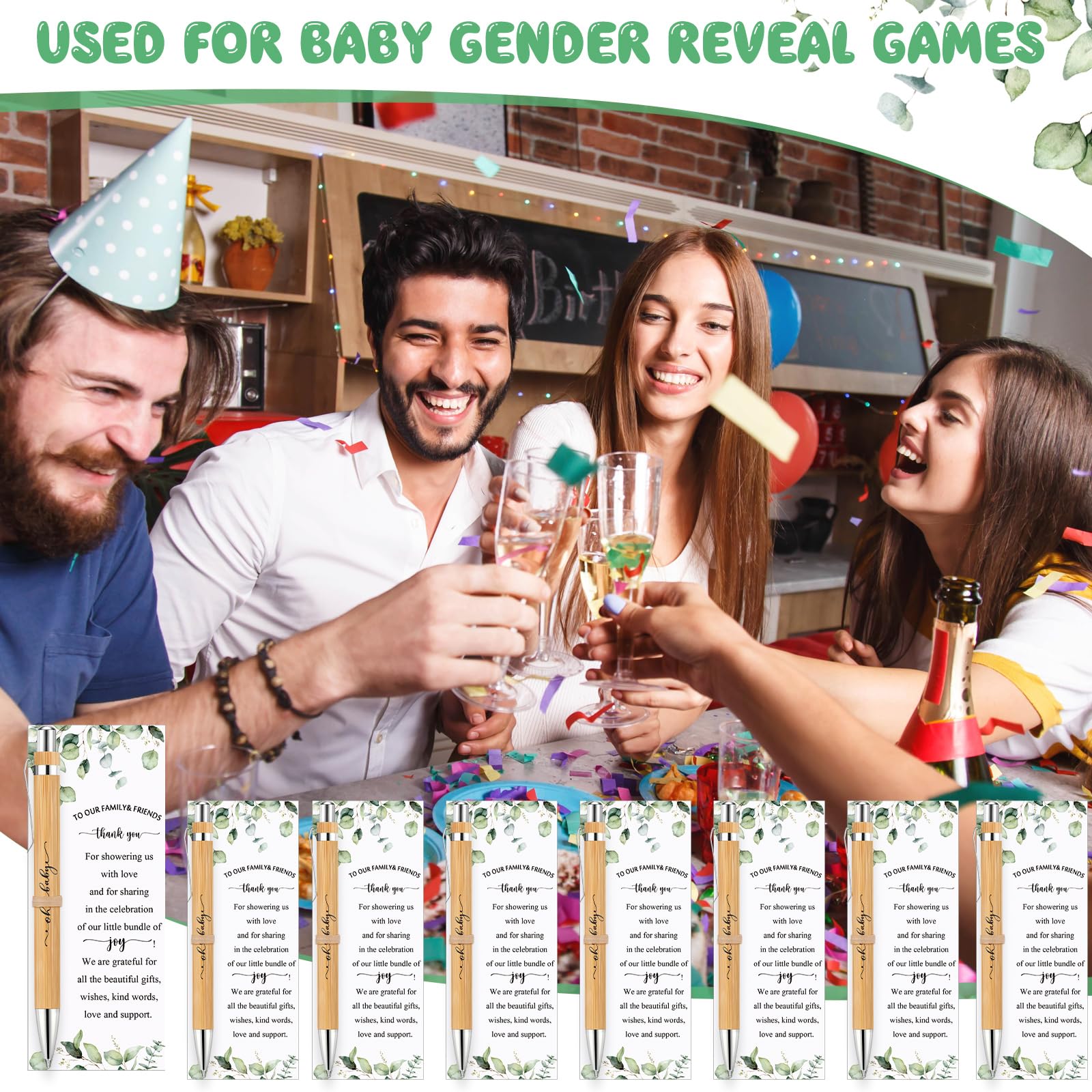 Yeaqee 100 Sets Woodland Safari Baby Shower Favors - Greenery Themed Guest Gifts with Retractable Bamboo Pens, Gender Reveal Cards & Souvenirs - Perfect for Baby Showers, Gender Reveal Parties & Thank You Prizes