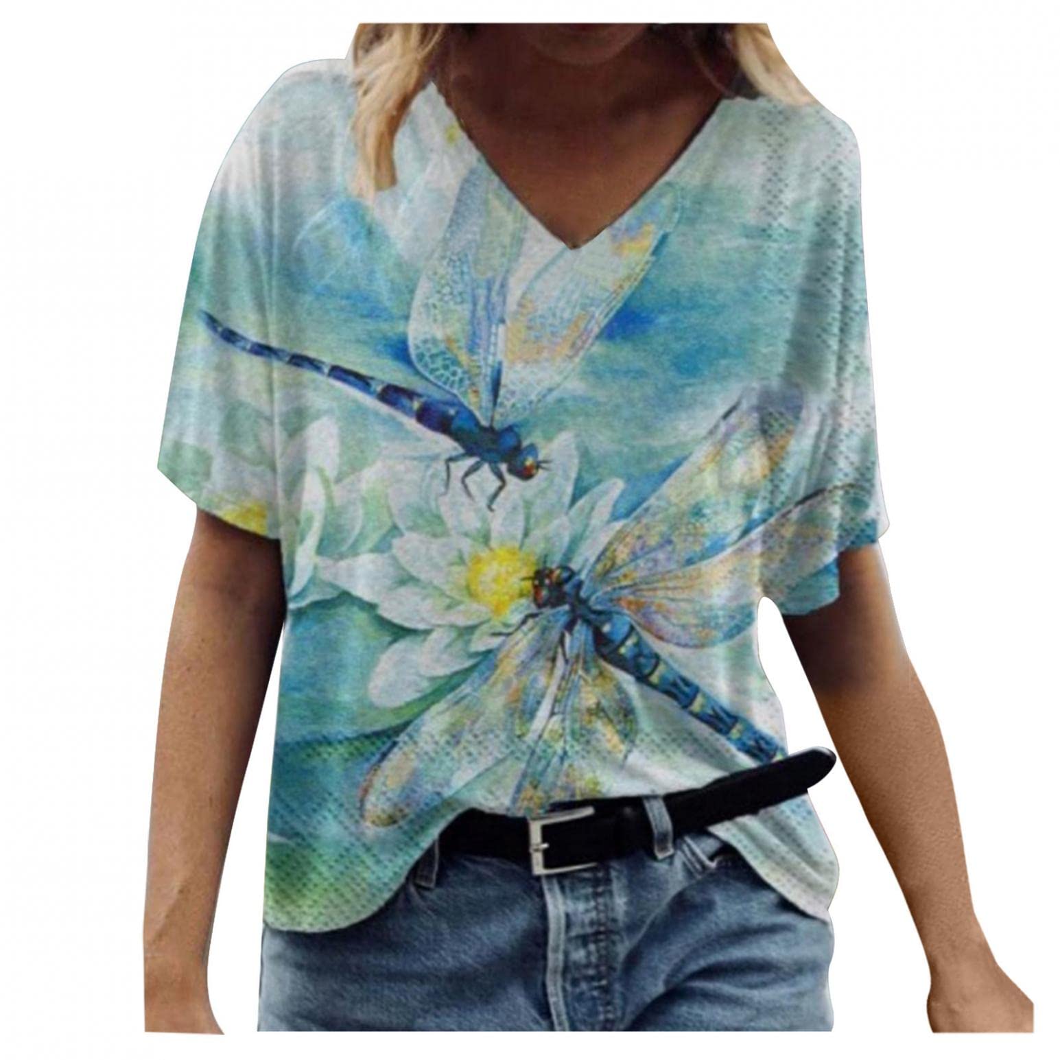 Women's Summer Short Sleeve T-Shirts - Ombre V-Neck Gradient Loose Fit Trendy Blouse & Graphic Tees for Casual Outings, Beach Vacations & Summer Fashion