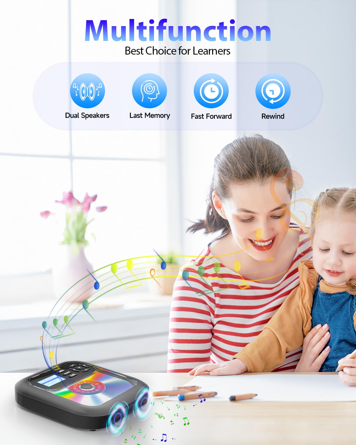 Portable Bluetooth CD Player with Built-in Speakers, Rechargeable Battery, FM Radio & AUX Input - Supports Headphones for Home, Car and Travel Use