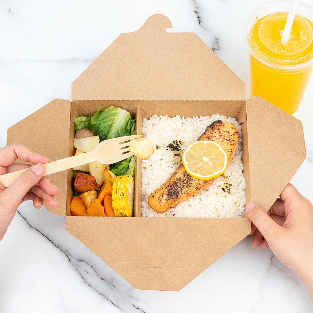 Eco-Friendly 50oz Kraft Paper Take Out Containers - 200 Pack of 2-Compartment Greaseproof Food Boxes with Secure Tab-Lock Closure | Perfect for Restaurants, Catering & Meal Prep | Safe for Hot/Cold Foods, Burgers, Salads & Leftovers