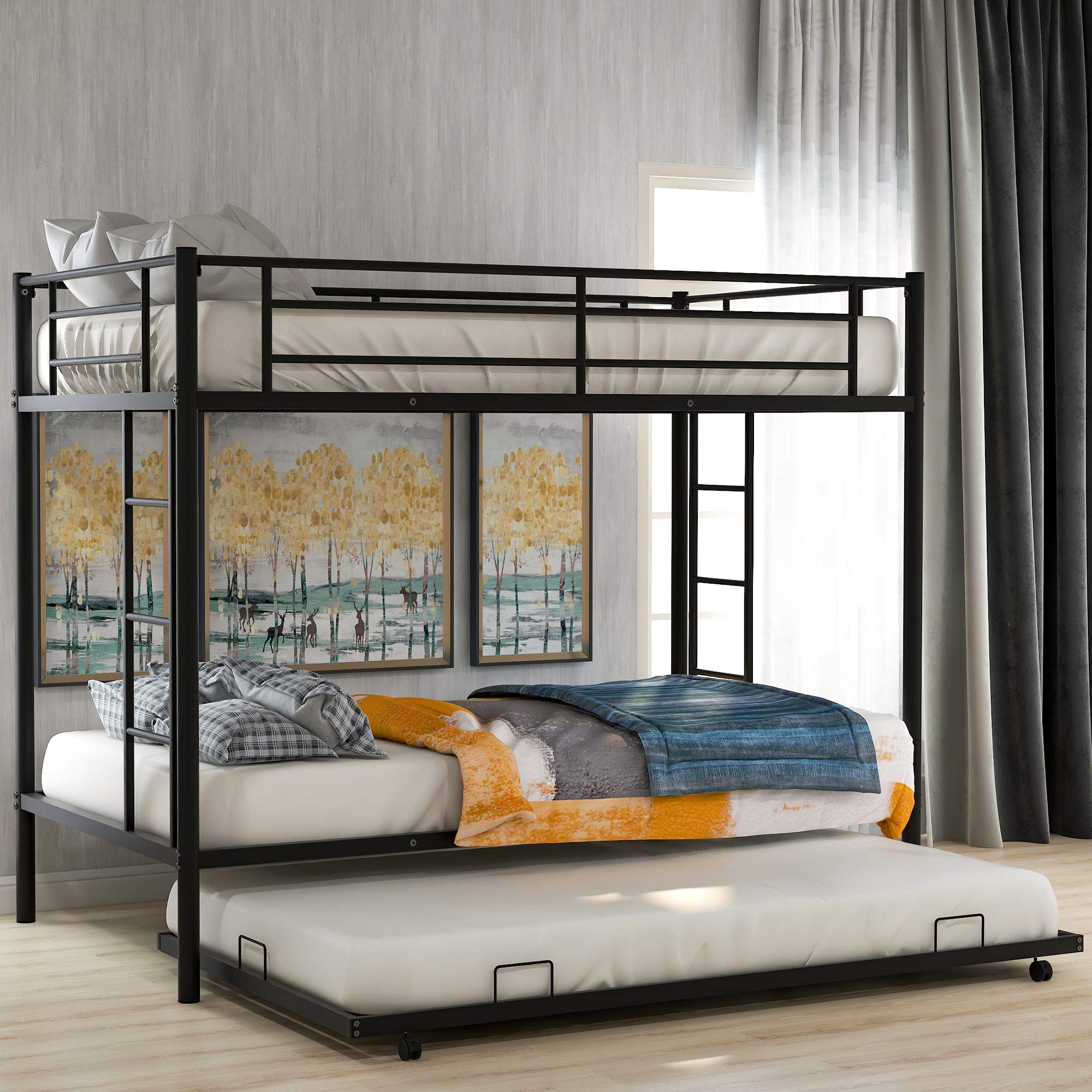 Metal Twin Over Twin Bunk Bed with Trundle - Space-Saving Black Bed Frame for Kids & Teens - Perfect for Small Bedrooms, Guest Rooms & Vacation Homes