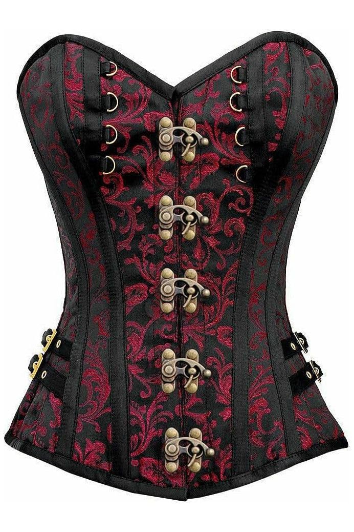 Steel Boned Overbust Corset for Women - Black/Red Swirl Brocade with Buckles | Daisy Corsets Top Drawer Collection | Perfect for Burlesque, Cosplay & Vintage Fashion