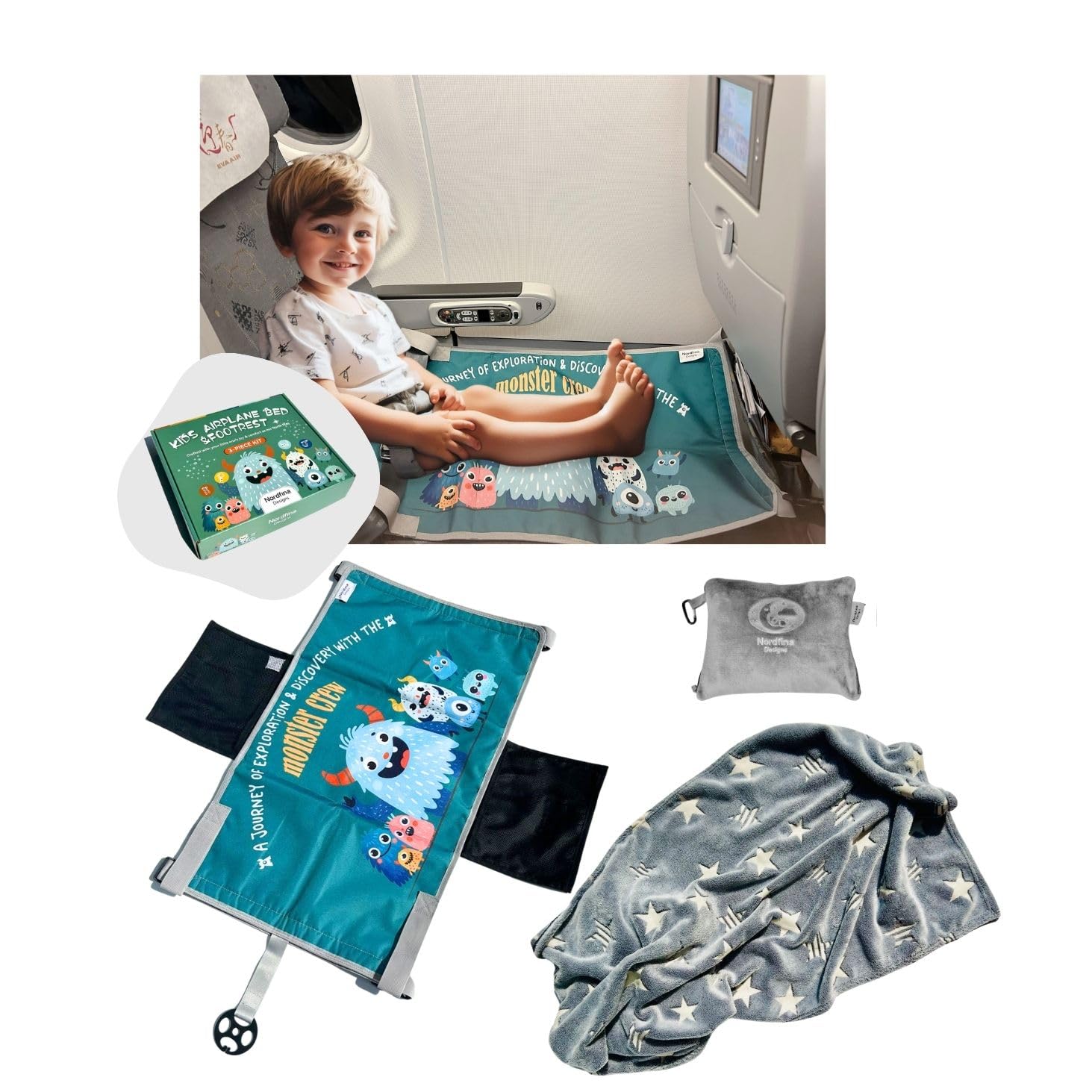 Nordfina Designs Baby Travel Essential 3-Piece Kit - Kids Airplane Seat Extender, Toddler Airplane Bed & Footrest for Comfortable Flights | Perfect for Family Travel with The Monster Crew | Ideal for Long-Haul Flights, Road Trips & Stress-Free Family Vacations