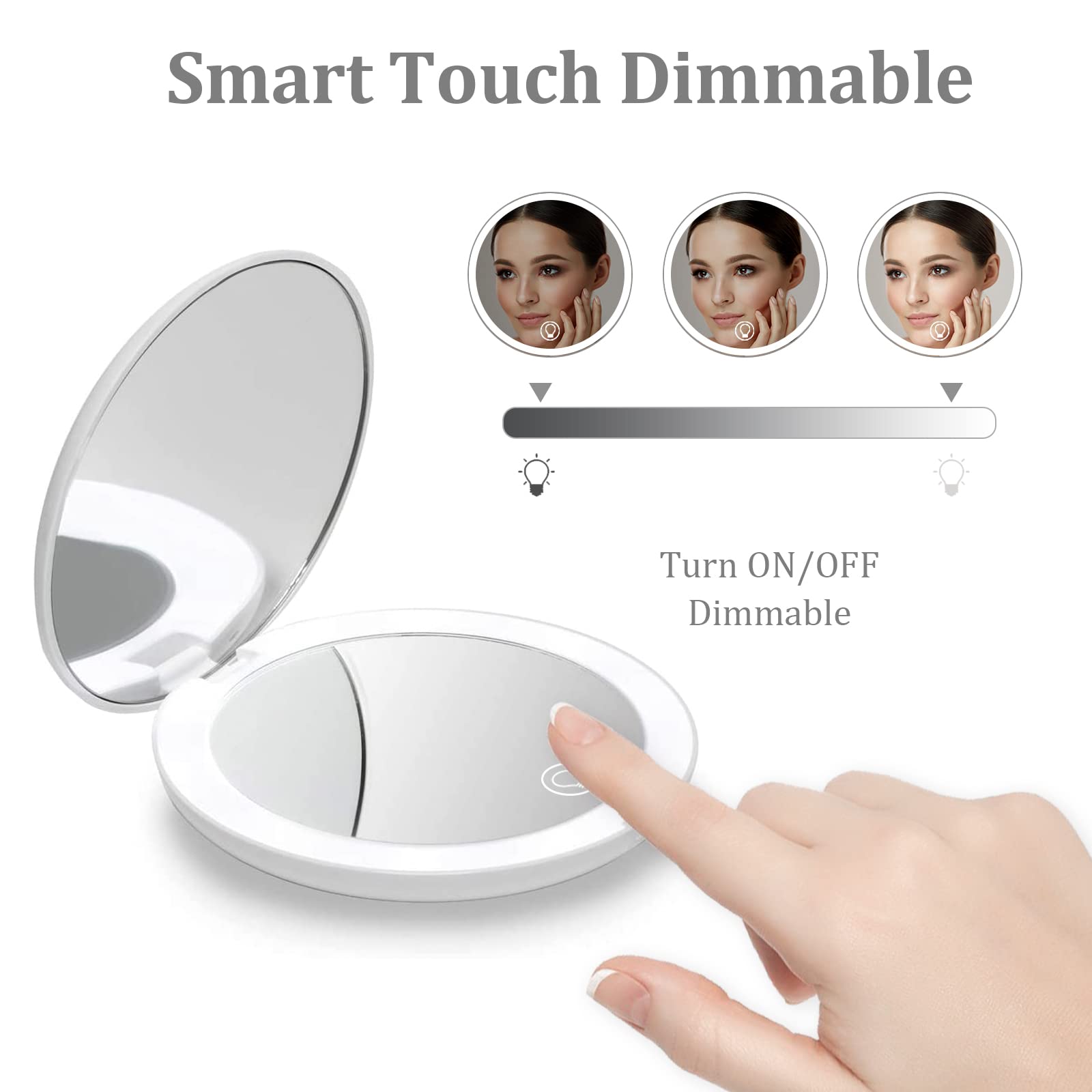 Kintion Rechargeable LED Compact Mirror with Light - 1X/10X Magnification, 2-Sided Folding Travel Makeup Mirror, Portable Pocket Mirror for Women, Perfect Gift (White) | Ideal for Travel, Home, Office & On-the-Go Touch Ups